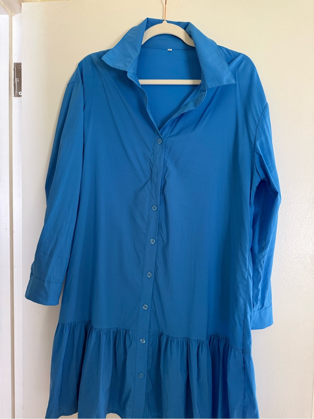 Blue Button-Down Ruffle Hem Shirt Dress